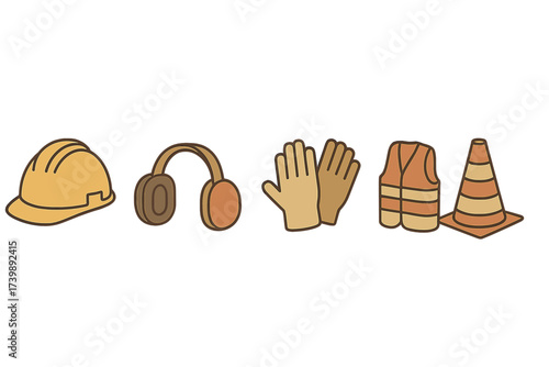 Set of industrial safety personal protective equipment and traffic cone symbols