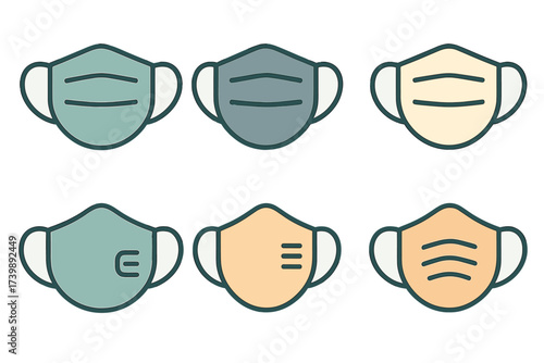 Set of six colored medical face mask icons for protection against airborne diseases