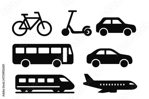 Black silhouette icons showing various modes of transportation: bicycle, scooter, car, bus, train, and airplane