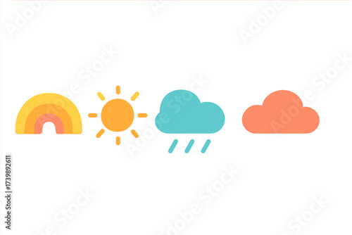 Colorful weather forecast icons set featuring sun, rainbow, rain cloud, and simple cloud symbols