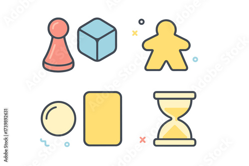 Assortment of essential board game components like pawns meeples dice and hourglass timer