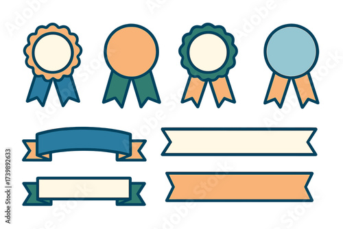 Assortment of blank award rosettes and various decorative ribbon banners set