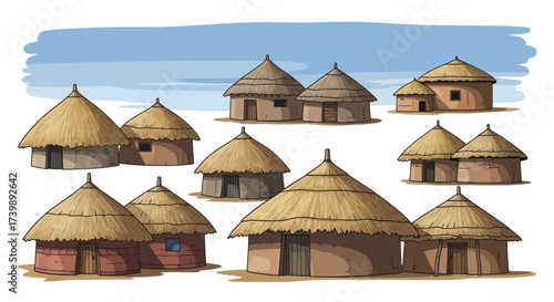 Traditional African Village Huts Illustration Set.