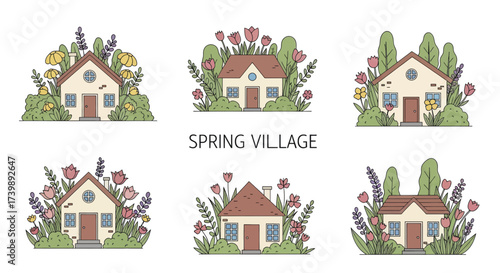 Set of six cute spring village houses surrounded by blooming flowers and plants Cartoon vector illustration.