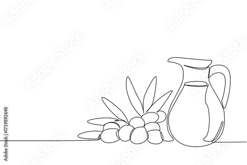 Single one line drawing olive oil in a glass jug and around the glass there are olives and leaves. The best quality olive oil. Cosmetic. National Olive Day. Continuous line design graphic illustration