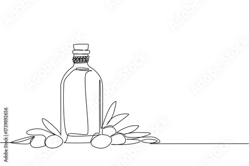 Continuous one line drawing olive oil in a glass bottle with olives and leaves around it. Packaging after processing. Many benefits. National Olive Day. Single line draw design vector illustration