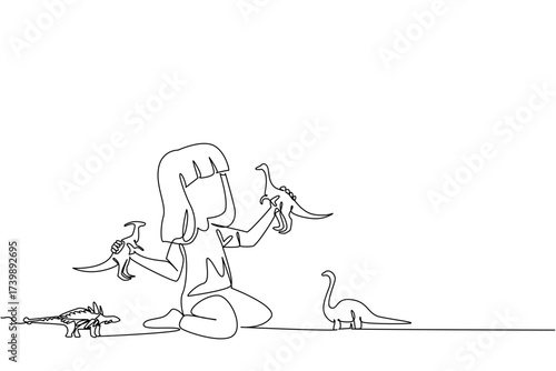 Continuous one line drawing a girl plays with dinosaur toy on the floor with each hand holds a toy. Little girl interested in boy style toys. Dinosaur Day. Single line draw design vector illustration