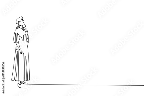 Single continuous line drawing a woman dressed in a long dress gestures with one hand on her chest. Beautiful and graceful woman. Fashionable. Wear a Dress Day. One line design vector illustration