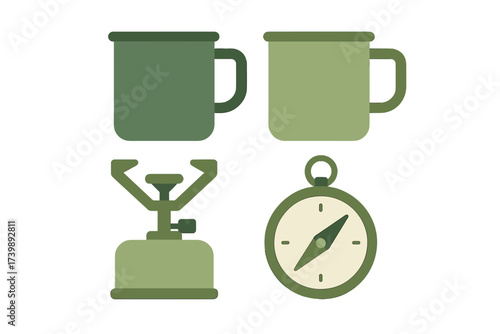 Essential outdoor survival gear set with camping mugs, portable stove, and compass