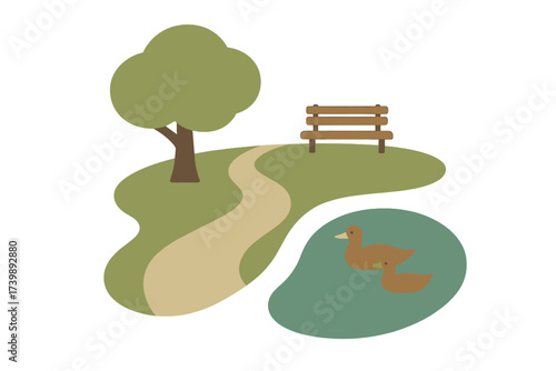 Outdoor park landscape with winding path, wooden bench, large tree, and ducks in a pond