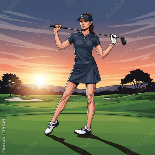 A young woman golfer on the green preparing to hit a ball during a summer game of golf
