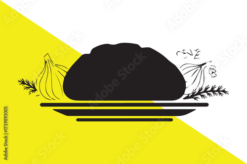 Black silhouette of food on a plate with herbs and garlic