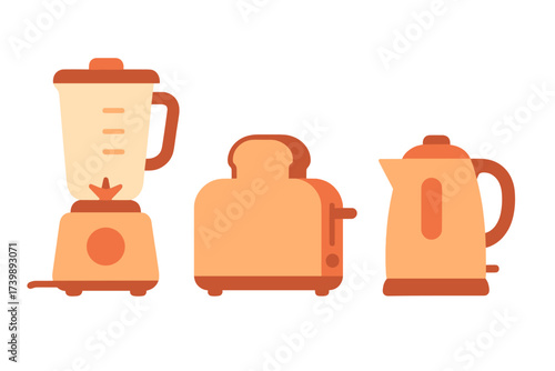 Set of modern kitchen appliances blender toaster and electric kettle in warm orange tones