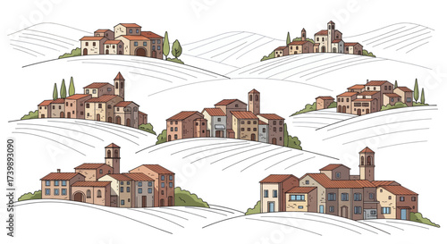 Set of handdrawn Italian villages on rolling hills.