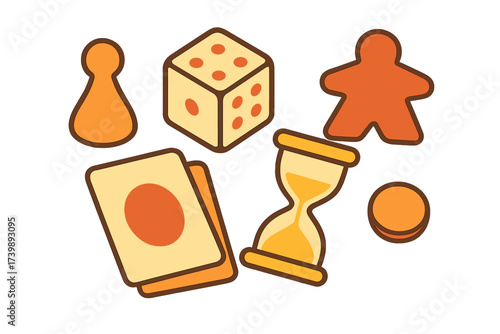 Assortment of tabletop game components: dice, playing cards, hourglass, and tokens