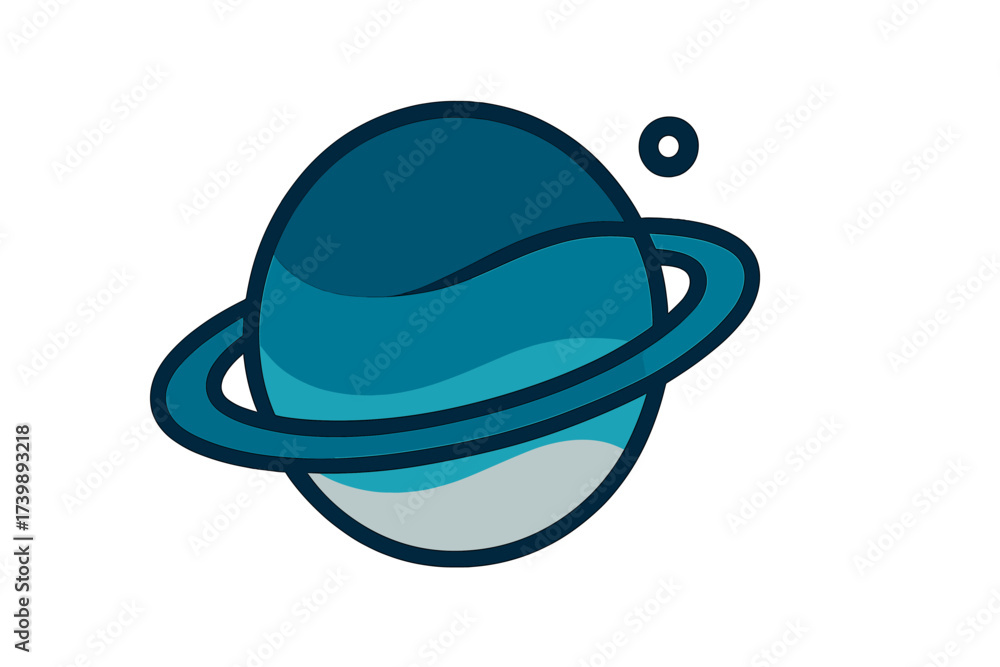 Fototapeta premium Stylized blue planet with prominent rings and a small moon orbiting in deep space