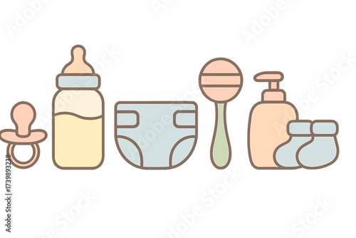 Cute pastel baby accessories set including bottle, diaper, rattle, and booties