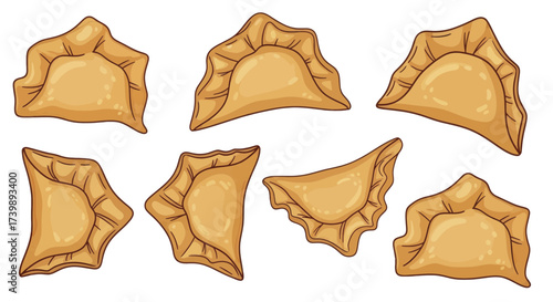 Set of delicious cartoon dumplings or pierogi illustration.