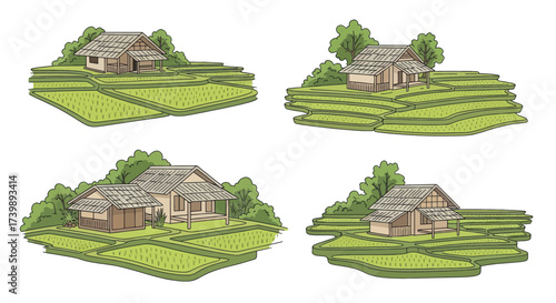 Set of Asian Rural Landscapes with Rice Paddies and Traditional Houses.