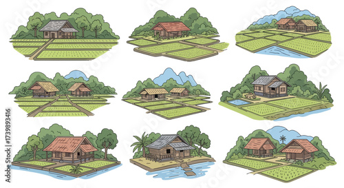 Set of handdrawn illustrations of rural Asian villages with traditional houses and rice paddy fields.