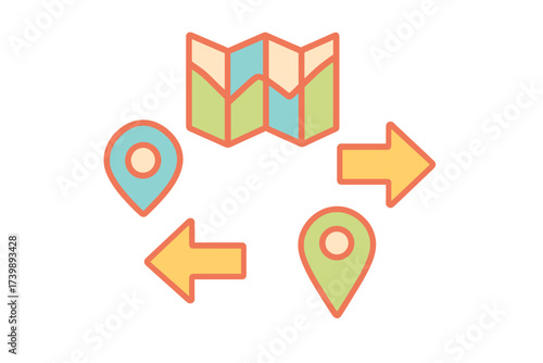 Map showing a planned journey route with starting point, destination, and directional arrows