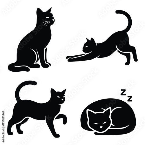 Collection of four black cat silhouettes depicting various poses including sitting stretching walking and sleeping domestic animals silhouette