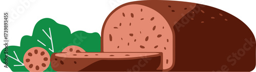 Illustration of a sliced loaf of bread with green foliage nearby