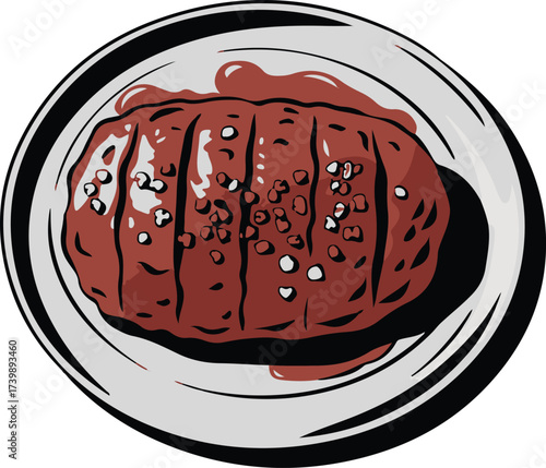 A top down illustration of a grilled steak on a white plate