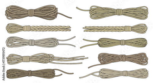 Assorted bundles of rope and twine vector set.
