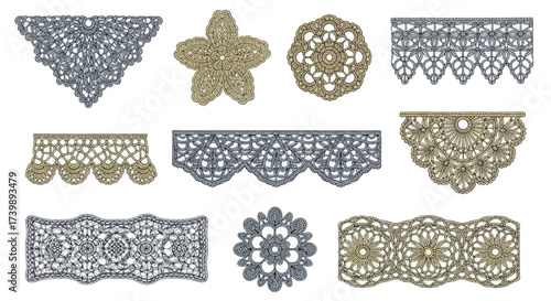 Set of isolated vintage lace doilies and borders.