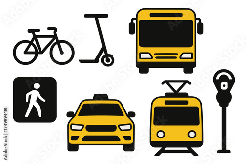 Public and personal city transportation icons set including bus taxi tram bicycle and scooter