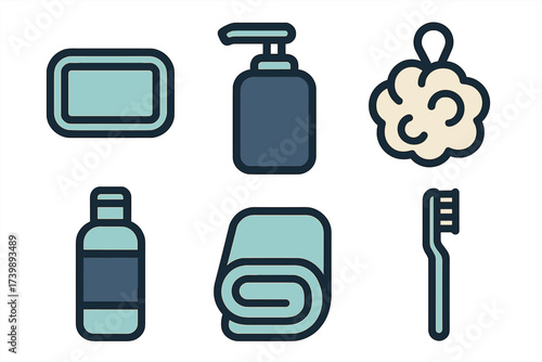 Essential personal care and hygiene items set including soap, towel, toothbrush, and bath accessories