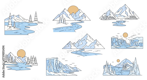 Set of minimalist winter landscape illustrations with mountains and rivers.