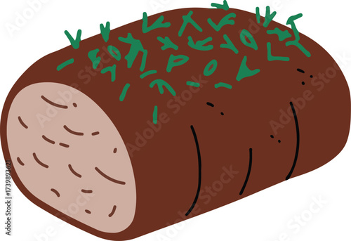 An illustrated chocolate swiss roll with green sprinkles on top