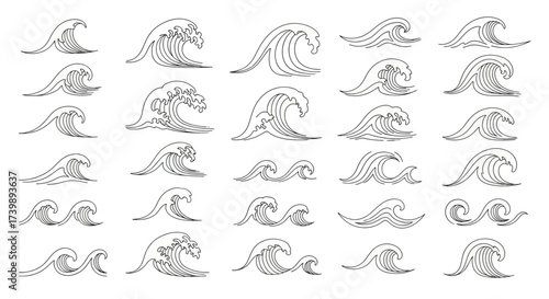 Set of Japanese style ocean wave line art illustrations 1.