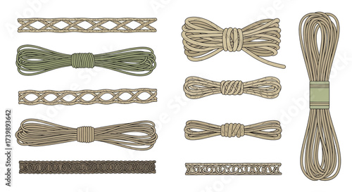 Vector illustration set of handdrawn ropes and braided trims.