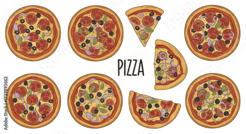 Hand drawn vector set of vegetarian pizzas and slices with toppings Italian food collection isolated on white background.