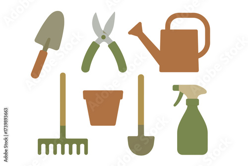 Collection of essential gardening tools including trowel rake watering can and plant pot