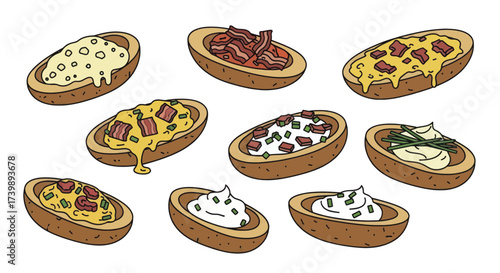 Collection of hand drawn loaded potato skins appetizers.