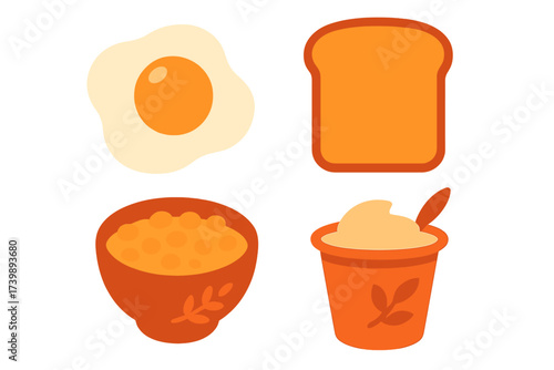Stylized breakfast elements including fried egg, toast, baked beans, and dairy product