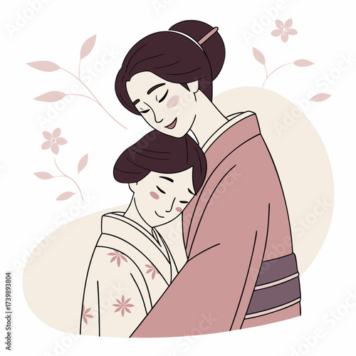 A tender japanese mother embraces her daughter in kimonos, a heartwarming display of love and connection isolated on white background