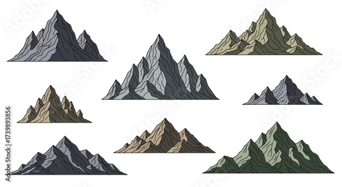 Set of hand drawn stylized mountain range illustrations.