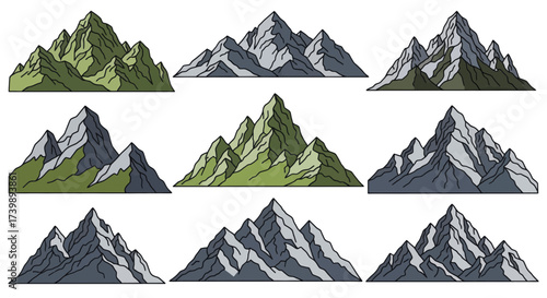 Set of nine handdrawn mountain illustrations.
