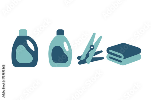 Laundry and cleaning essentials set with detergent bottles, clothespins, and folded towels