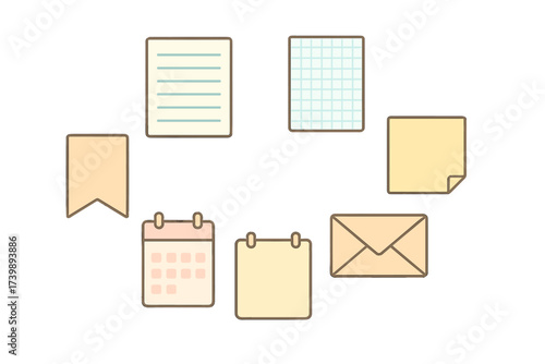 Pastel collection of essential stationery and planning icons including calendar notes and envelope symbols