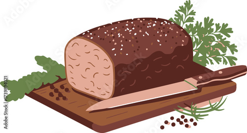 A sliced loaf of meatloaf rests on a wooden cutting board with herbs