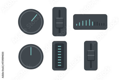 Dark audio control elements set featuring rotary knobs, vertical faders, and sound level meters