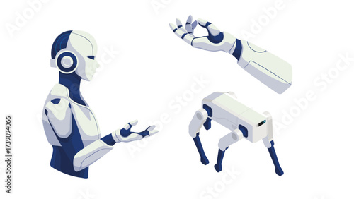 Robot humanoid arm and quadruped dog robot illustration for AI and technology concepts