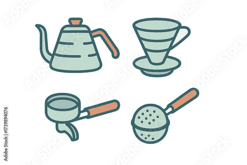 Minimalist graphic set featuring pour over kettle, coffee dripper, portafilter, and measuring scoop