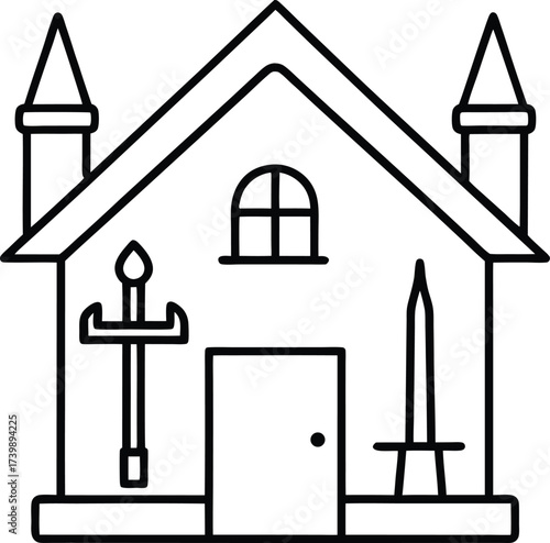 medieval blacksmith shop with tools and swords 